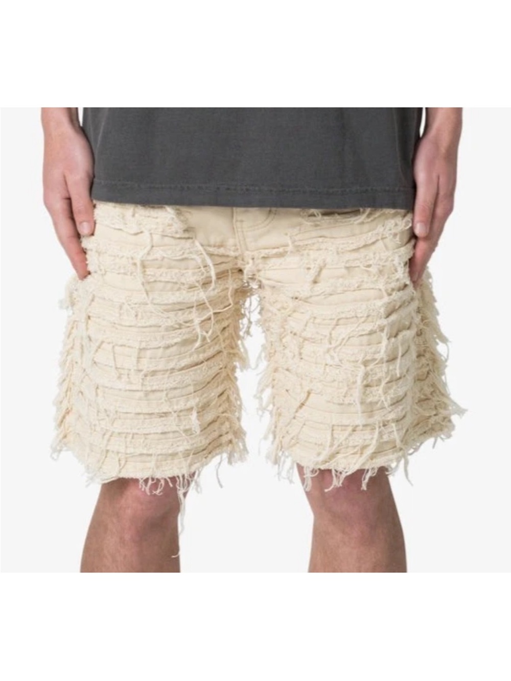 mnml Shorts Mens 30 Khaki Distressed Allover Frayed Denim Shorts Beige